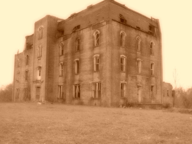 building exterior of mary allen seminary in sepia tones