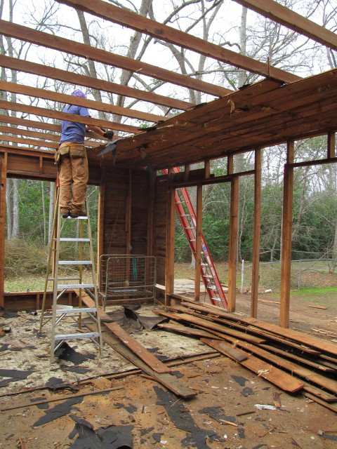 removing the remaining interior ceiling boards from the house - Living Vintage