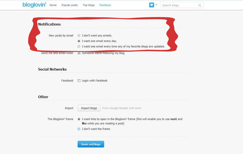 bloglovin notification options