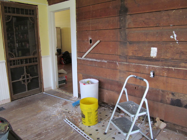 old pine walls revealed on west wall and our new walk-in pantry