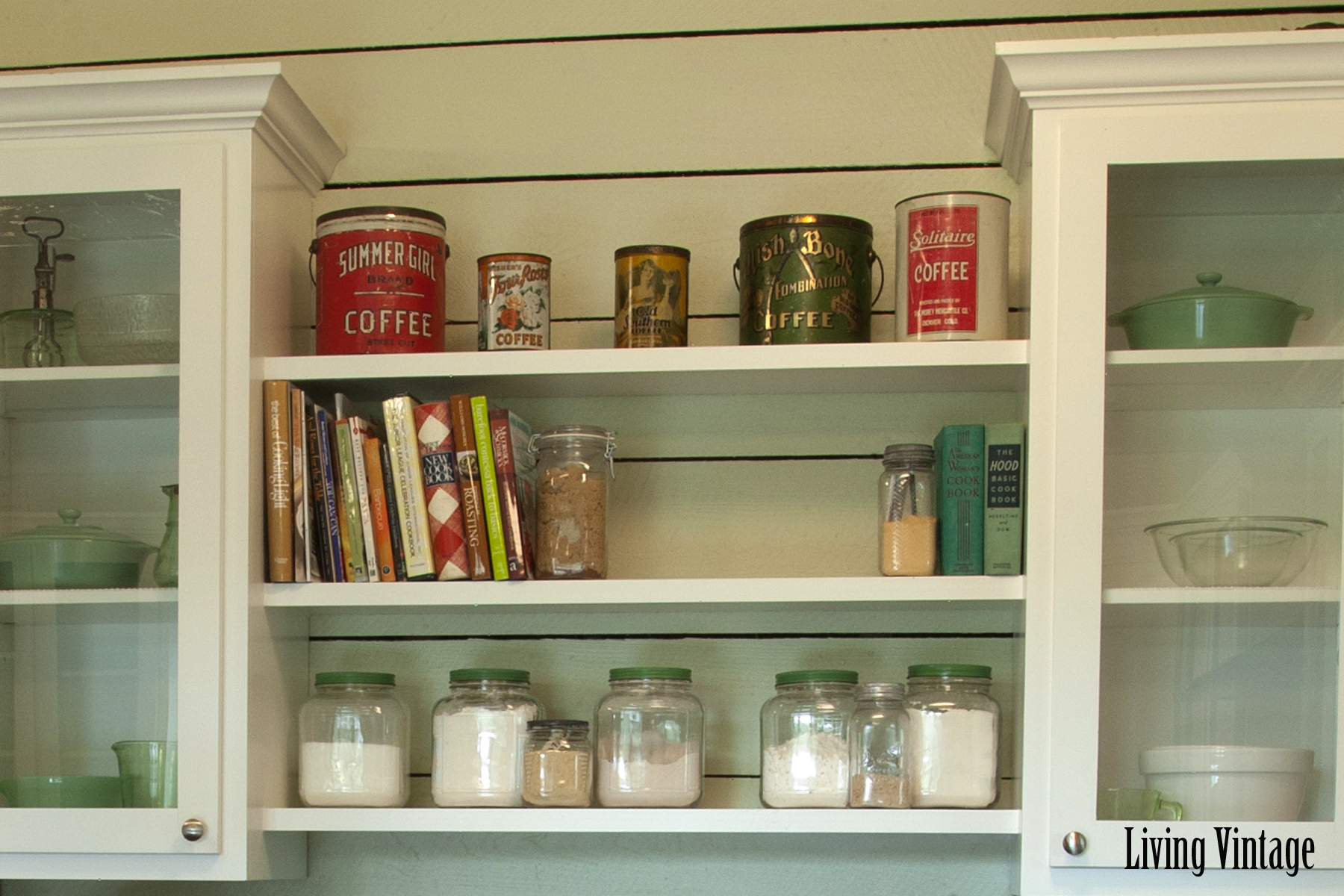 Living Vintage kitchen reveal - closeup of open shelving