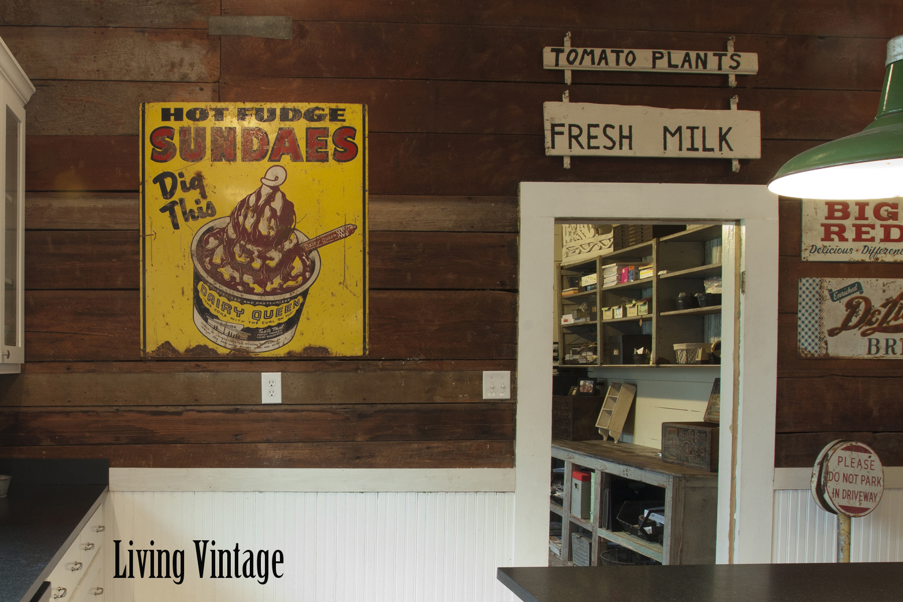 Living Vintage kitchen reveal - old signs and a partial view into our office