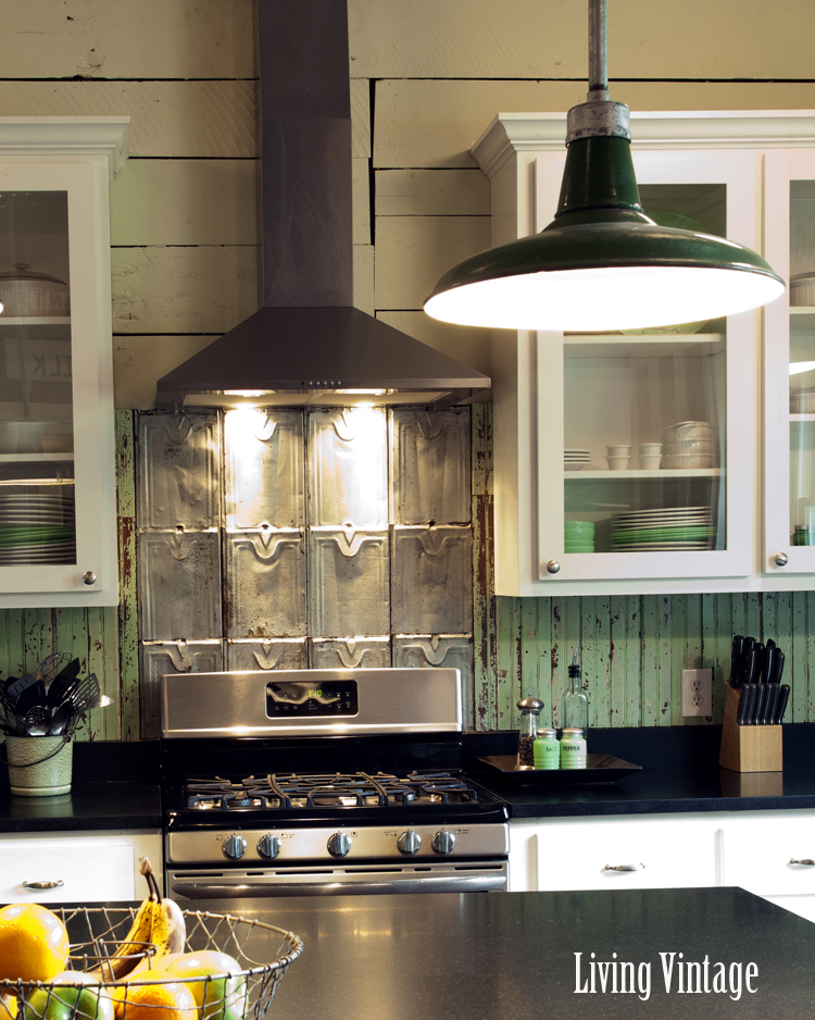 Living Vintage kitchen reveal - view of both backsplashes and original painted wood walls