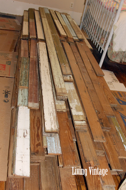 Living Vintage - pile of old beadboard in our guest bedroom (2)