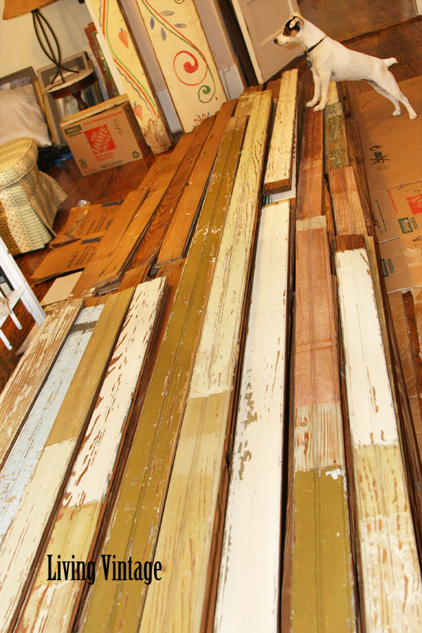 Living Vintage - pile of old beadboard in our guest bedroom