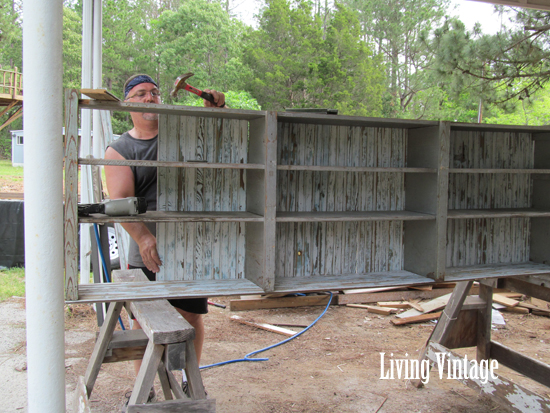 installing beadboard to the blue cabinet - Living Vintage