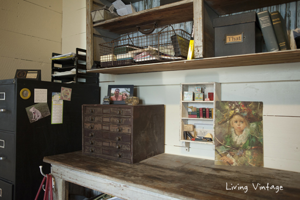 A closeup of one side of the blue cabinet -- the file cabinet is painted with chalkboard paint - Living Vintage