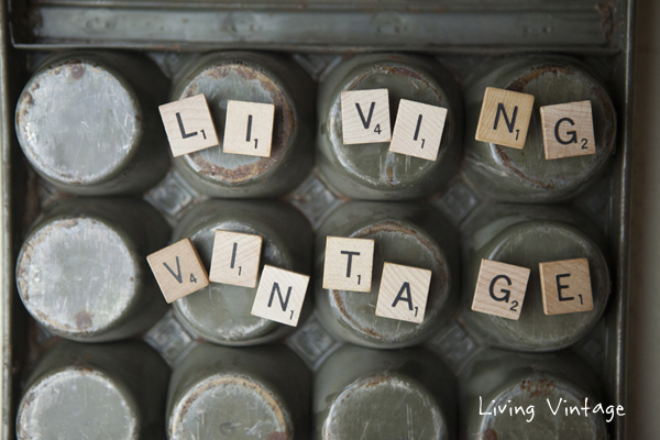 Our business name using an old muffin tin and scrabble tiles - Living Vintage