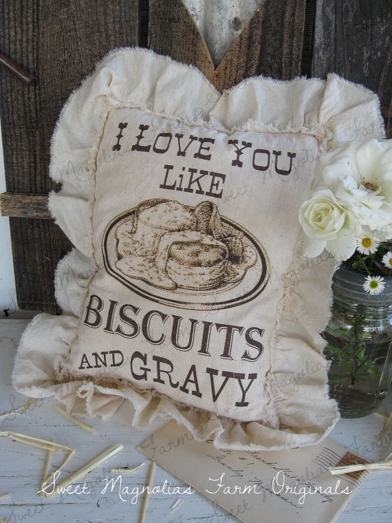 Biscuits and Gravy pillow, made by Sweet Magnolia's Farm -- only $18 - featured on Living Vintage