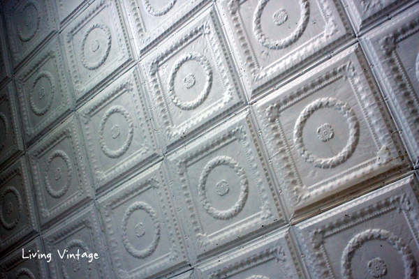 a ceiling of white ceiling tins- Living Vintage