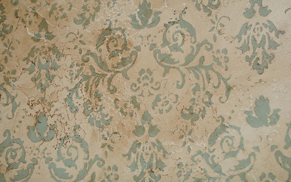 lovely stenciled and stained wall - featured on Friday Favorites at Living Vintage