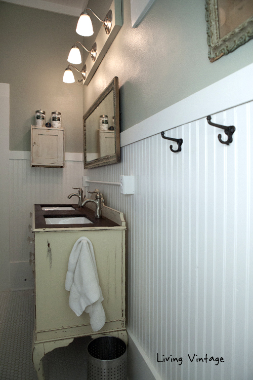 towel hooks and closeup of beadboard - Living Vintage