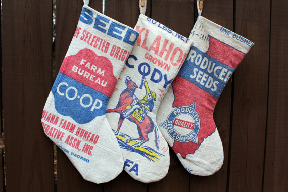 vintage feed sack Christmas stockings - featured on Living Vintage's Etsy Finds