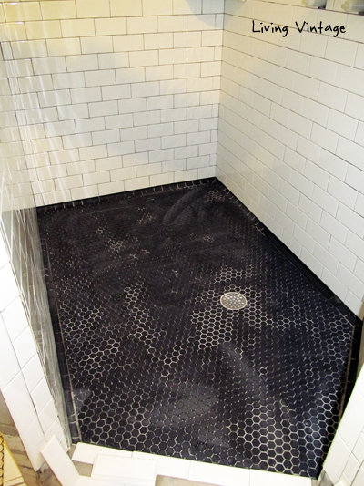 white subway tile and black hex tile - Living Vintage