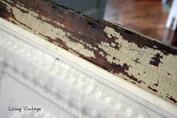 closer detail of the ceiling tin and chippy paint - Living Vintage