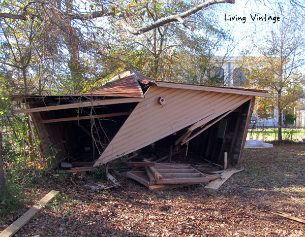 the first tug brought down the garage most of the way to the ground - Living Vintage