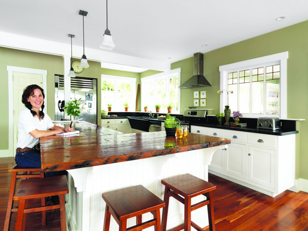 Joanne used many salvaged pieces in her remodeled kitchen including using old floor joists for her island countertop