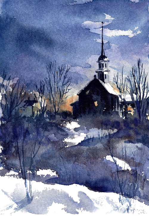 a pretty watercolor of a church - one of 8 picks for this week's Friday Favorites - Living Vintage