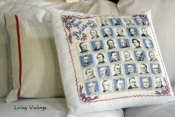 A neat way to purpose an old hankie!  Make a pillow!