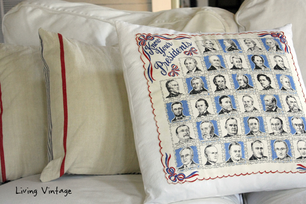 A neat way to purpose an old hankie!  Make a pillow!