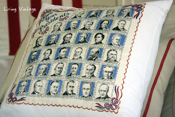 A neat way to purpose an old hankie!  Make a pillow!