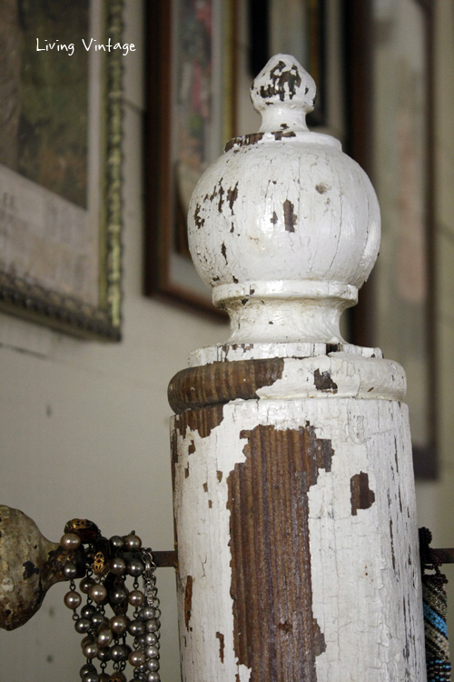 a jewelry tree using an old porch post, a reclaimed finial, some old doorknobs, and a few pieces of reclaimed wood 