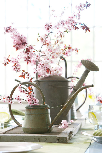 an old shutter and watering cans are repurposed as a table centerpiece- one of 8 picks for this week's Friday Favorites