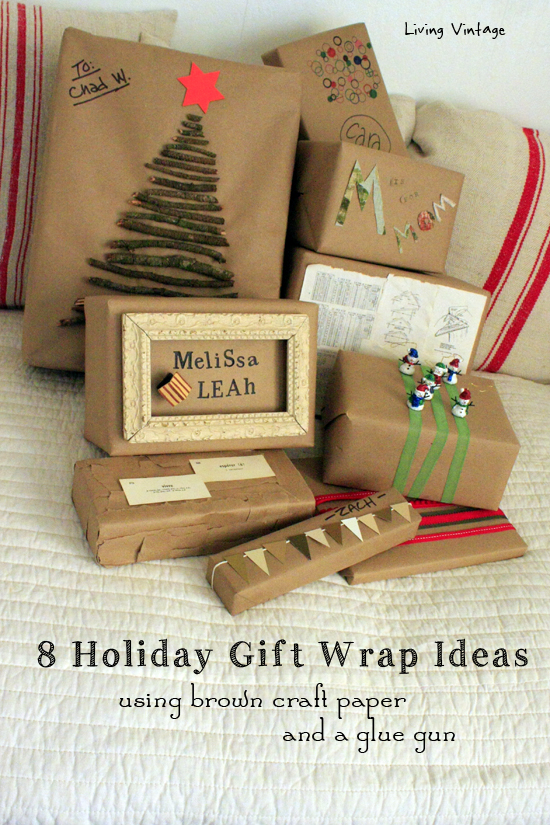 8 Holiday Gift Wrap Ideas using common brown craft paper and a glue gun!