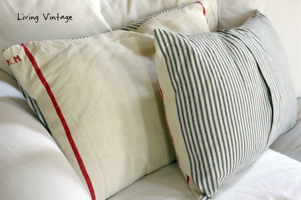 pillows made with vintage French linen tea towels
