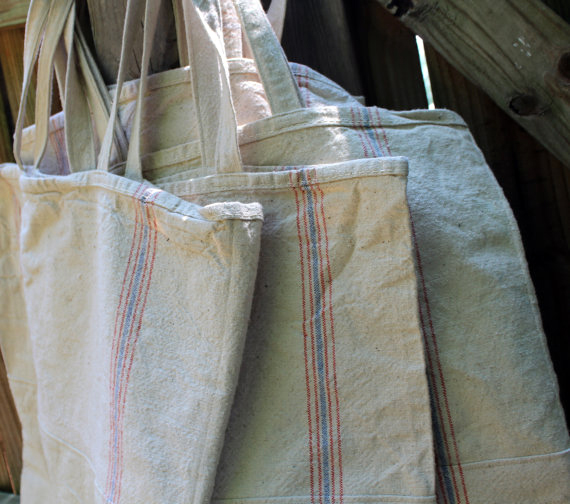 reusable grocery totes made with antique linens