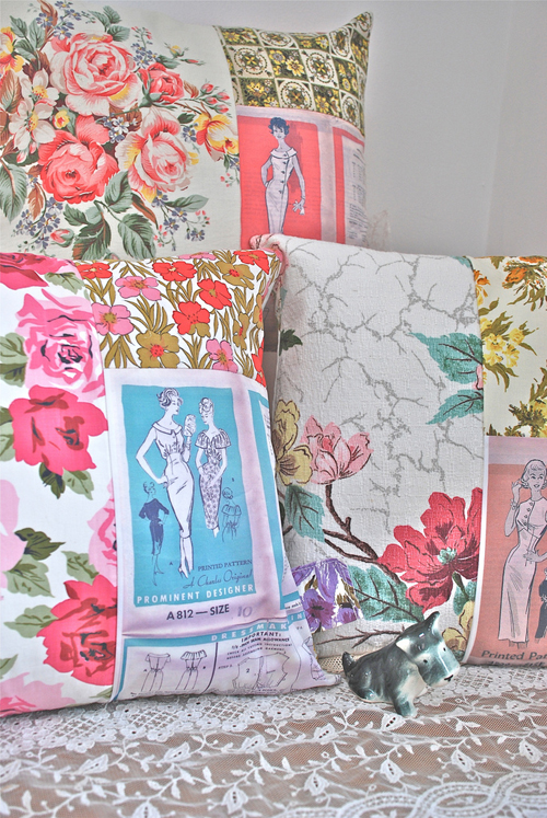 pretty pillows made with assorted vintage fabrics and vintage pattern graphics - one of 8 picks for this week's Friday Favorites