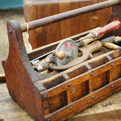 (cropped) a rustic toolbox complete with a collection of old tools - sold by Tobacco Road Primitives
