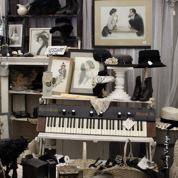 (cropped) antique black and white Victoria collectibles in Two Sisters Antiques booth