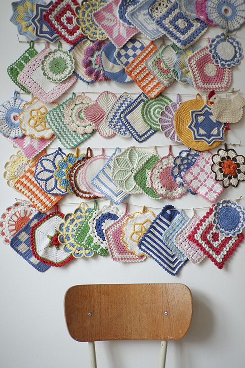 a fun and well-displayed collection of crocheted potholders - one of 8 picks for this week's Friday Favorites
