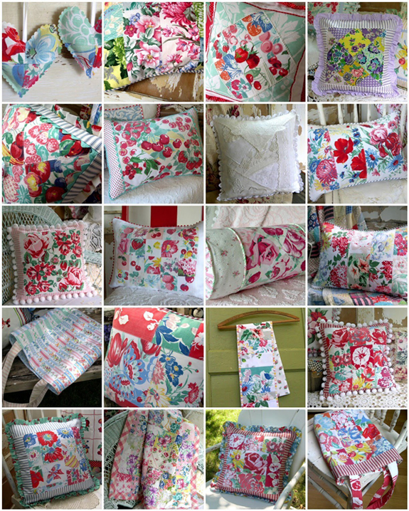 an impressive mosaic of really pretty patchwork pillows, all made with vintage fabrics! - one of 8 picks for this week's Friday Favorites