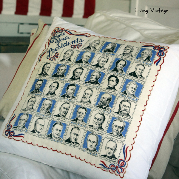a patriotic pillow I made with an old hankie - one of 8 picks for this week's Friday Favorites