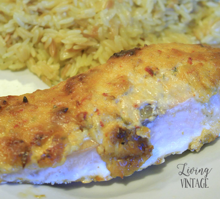 Cheesy Sun-Dried Tomato Baked Salmon - find the recipe at Living Vintage