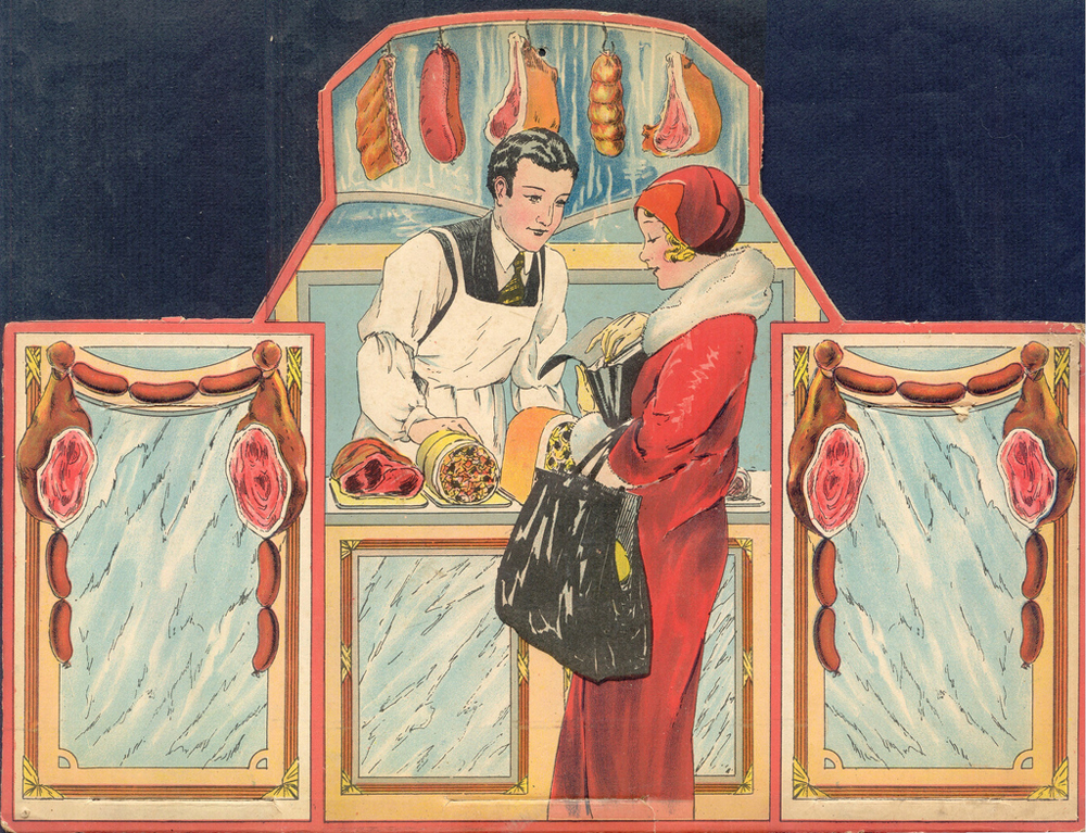 a really fun vintage illustration of a lady shopping at a butcher shop -- one of 8 picks for this week's Friday Favorites