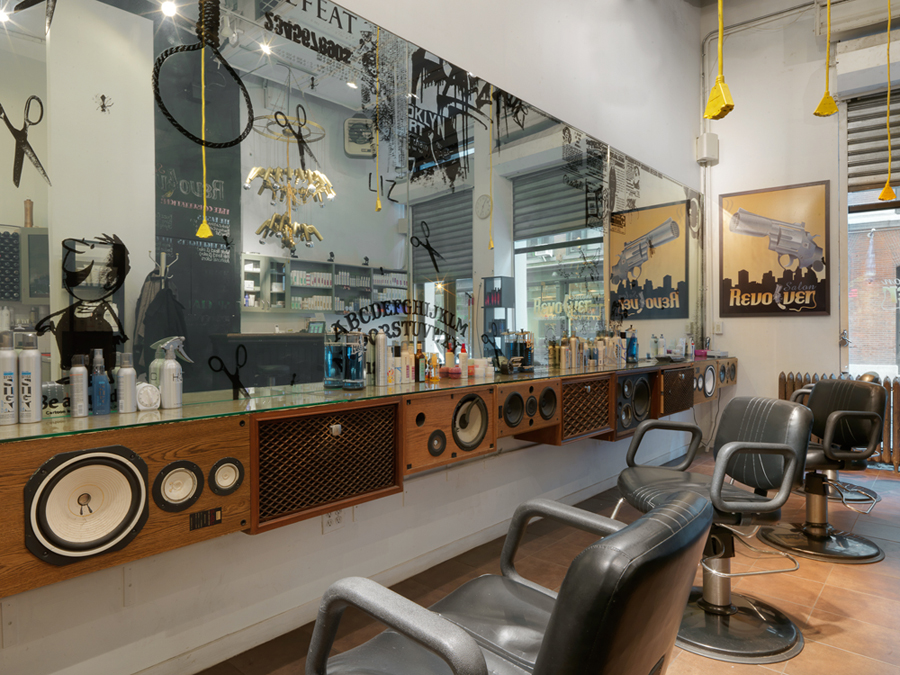incredibly clever styling stations in a NYC salon and a fantastic way to repurpose old speakers!