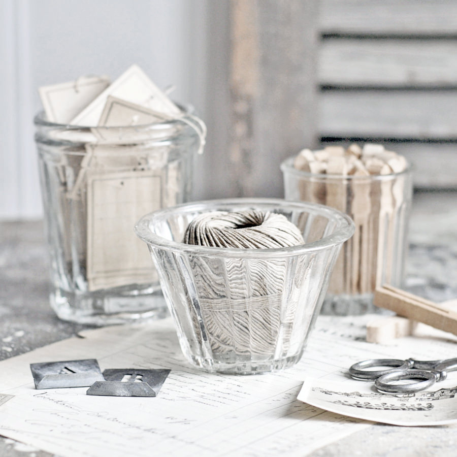 Whenever possible, I like to use pretty objects (like these antique French jam jars) rather than using ugly plastic containers.