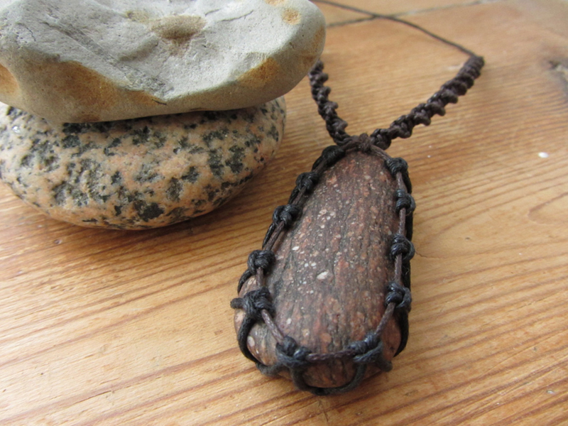 a pretty rock necklace, cradled in macrame - one of my 12 picks for Rock. Paper. Scissors