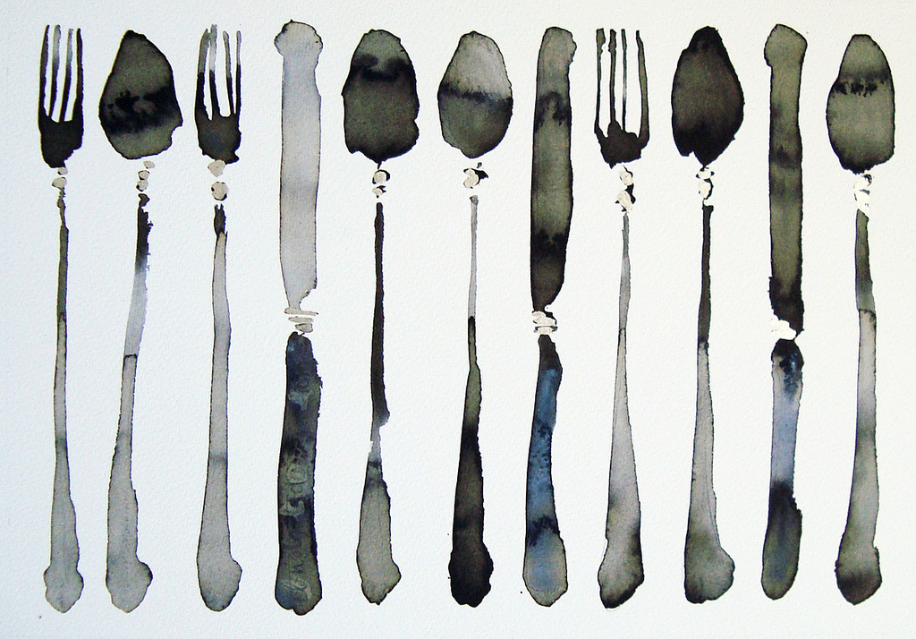 a pretty watercolor of everyday objects -- I love all the variations of grey
