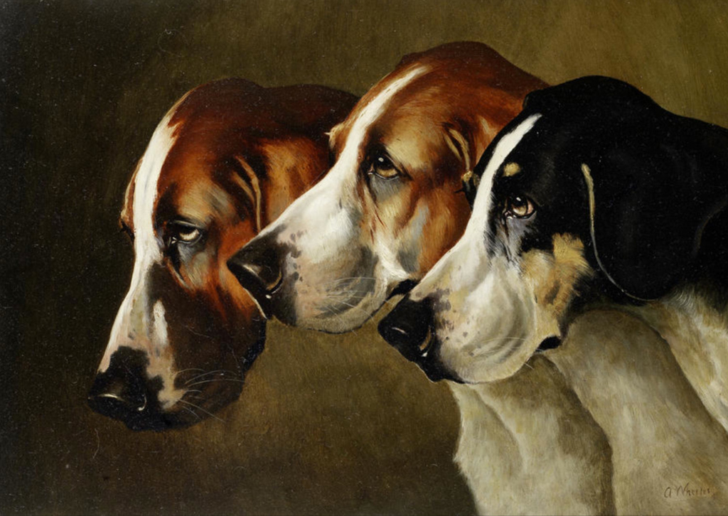 a gorgeous, museum-quality painting of three hounds