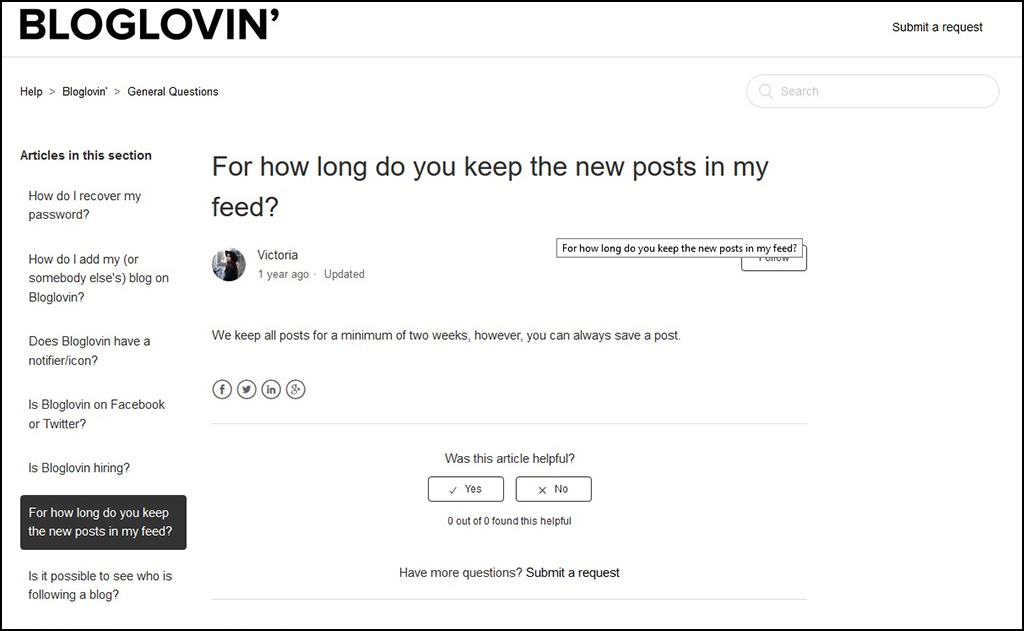 the length of time blog posts are kept in your bloglovin' feed